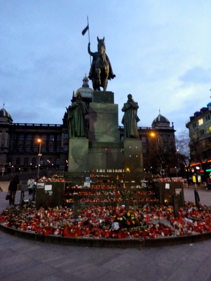 Candles left as a tribute to Vaclav Havel in Wenceslas Square, Prague